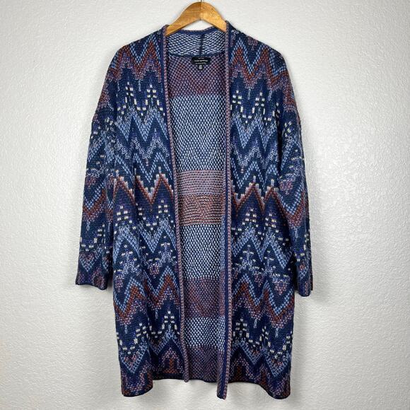 Lucky Brand Cardigan Womens Small Blue Long Duster Ikat Wool Blend Boho Western - Picture 1 of 7